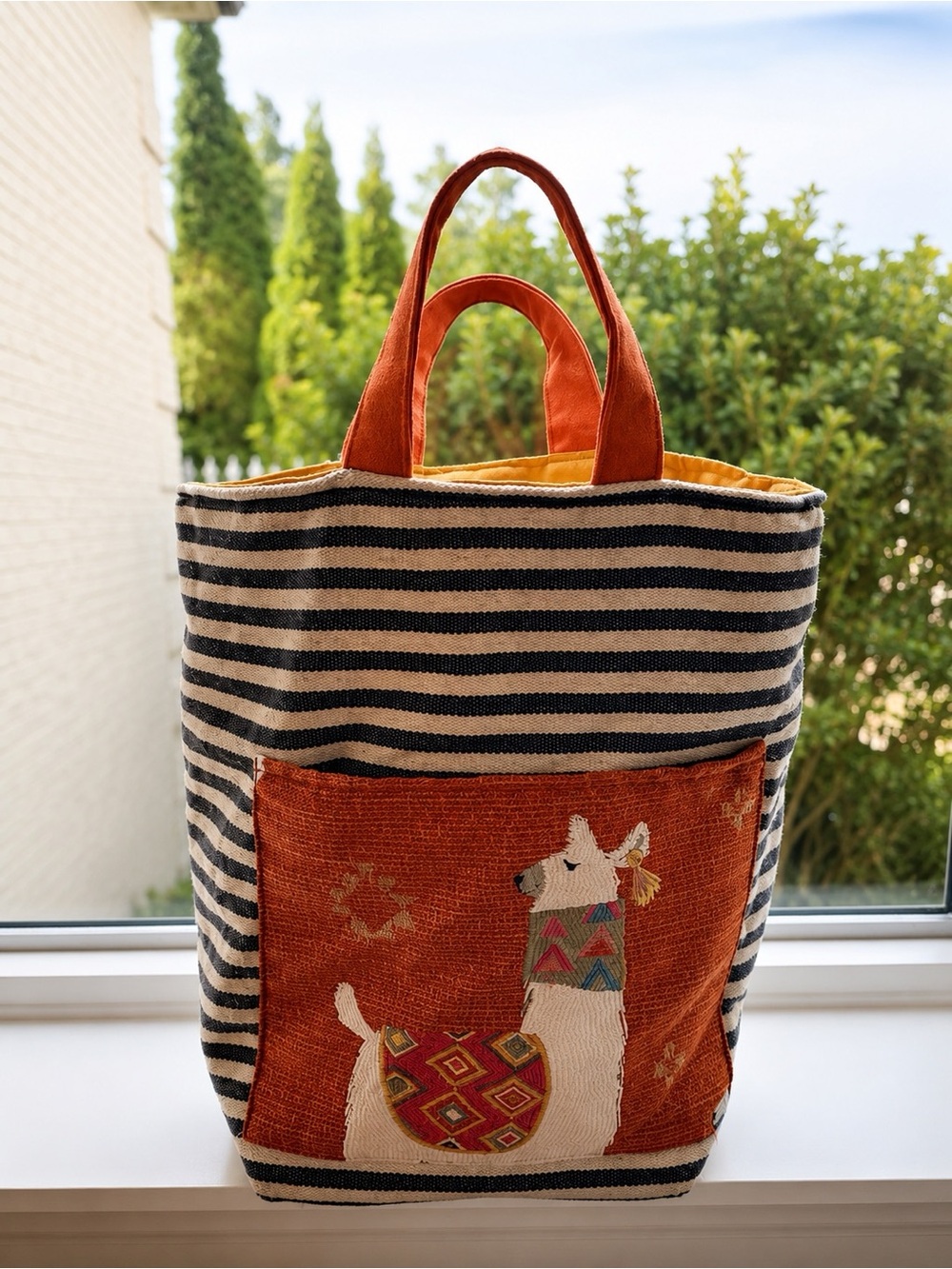 Atenti USA Made Llama Yarn Project Bag | Knitting Crochet Tote | Striped Canvas